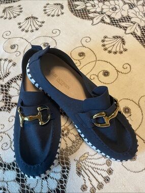 Isle Jacobsen Tulip Navy Slip-On Loafers with Gold Buckle